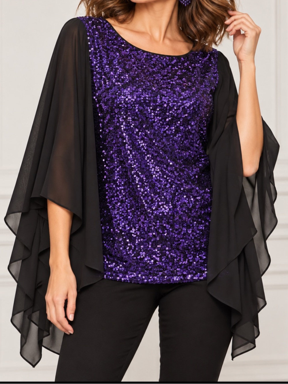 Bob Mackie Wearable Art Purple Sequin Chiffon Cape Top Plus Size 2X